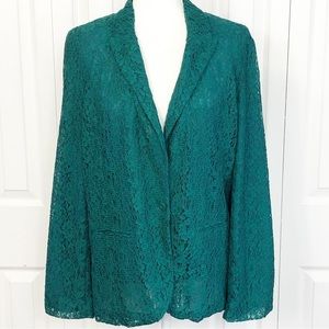LC Lauren Conrad Teal Green Floral Lace Long Sleeve Blazer Jacket 16